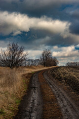Big blue and orange clouds , over the field , sunlights through the clouds in the sky.Beautiful landscape on the field .Agriculture field and the sky.Sunset on the sky withot the sun.Orange sky nature