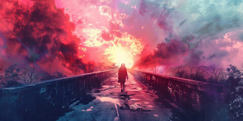 Fototapeta premium Girl Walking on Bridge towards Dramatic Sunset