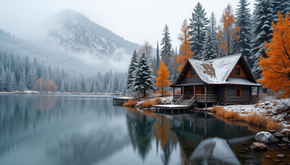 Fototapeta premium Winter landscape with cozy cabin reflecting on lake surrounded by pine trees and fog