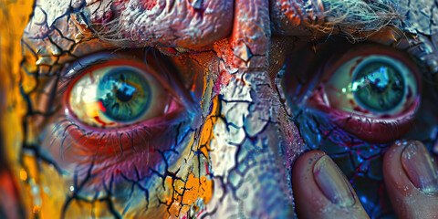 Fototapeta premium Close-up of Stylized Face with Cracked Paint and Teal Eyes