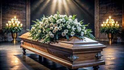 Coffin with white flowers in the center of a dark hall with candelabras