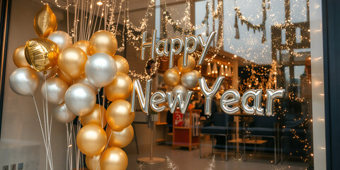 Happy New Year festive banner with colorful text, Bright New Year celebration background with fireworks and stars