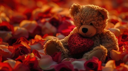 A fluffy teddy bear with a heart in its arms, placed on a bed of rose petals, creating a warm and affectionate scene.