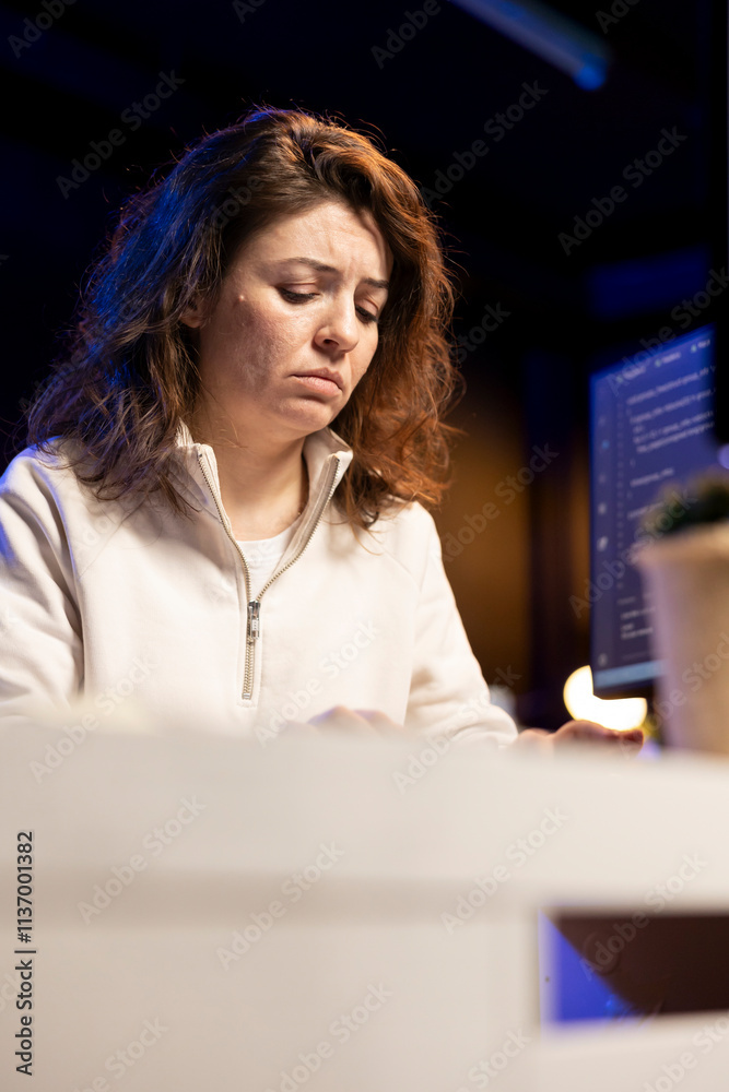 Poster sad system administrator pouting in frustration while doing software quality assurance, finding erro