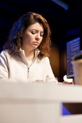 Sad system administrator pouting in frustration while doing software quality assurance, finding...
