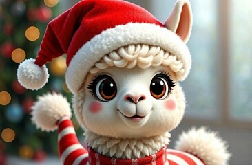 Cute llama in Santa Claus hat and red scarf. Funny cartoon character alpaca with rosy cheeks for Christmas card or banner for New Year advertisement. Blue background
