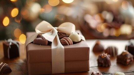A gift box of assorted chocolates, elegantly tied with a white satin ribbon, placed on a gift table with a blurred, cozy ambiance in the background.
