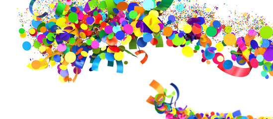 A festive image of golden confetti and ribbons exploding against a white background. Perfect for celebration, party, and new year themes.