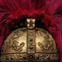 Fototapeta premium An ornate Roman helmet features intricate designs, showcasing a brass finish and a vibrant red feather plume. This militaristic artifact represents ancient Roman history and craftsmanship