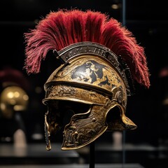 Fototapeta premium A detailed Roman helmet adorned with a striking red plume is prominently displayed in a museum exhibit. The craftsmanship highlights the intricate designs and historical significance