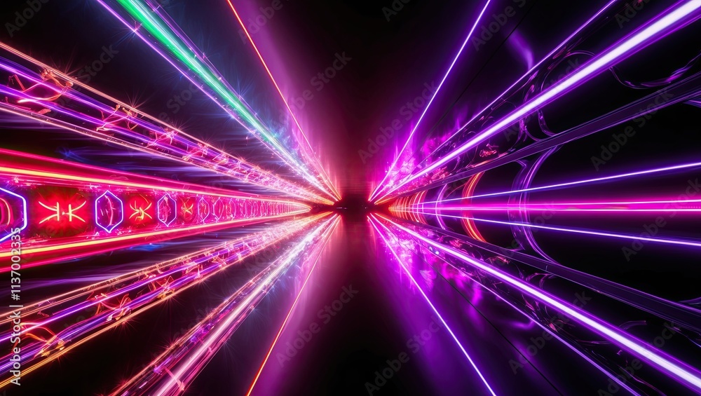Poster Vibrant Beams of Light Create a Mesmerizing Tunnel Effect at Dusk in a Futuristic Setting