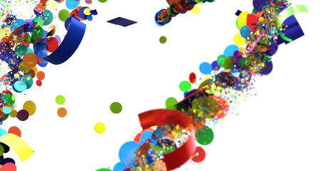 Fototapeta premium Abstract background with golden confetti and black circles exploding on a white background. Perfect for celebration, party, or festive designs.