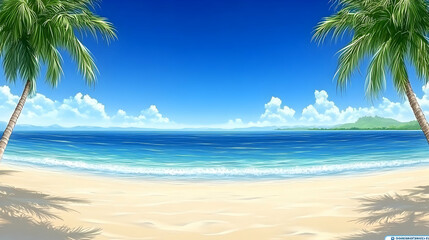 Idyllic tropical beach scene;  palm trees frame azure ocean under a vibrant blue sky, perfect for summer vacation themes.