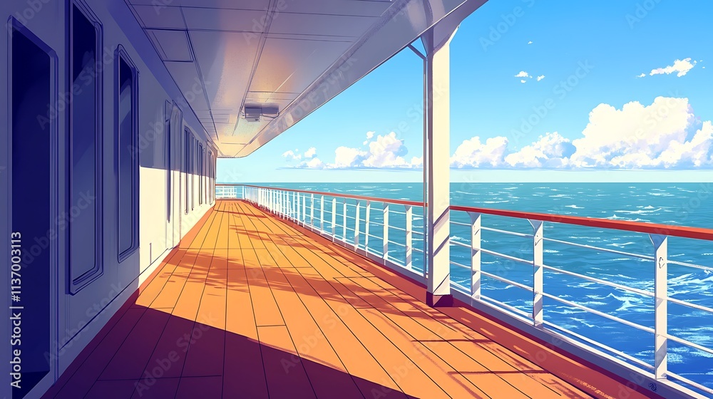 Canvas Prints Sunny cruise ship deck overlooking ocean.