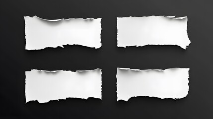  White ripped paper with torn edges on a black background, strips arranged in layers