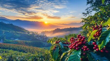 Sunrise over misty mountains and coffee plantation.