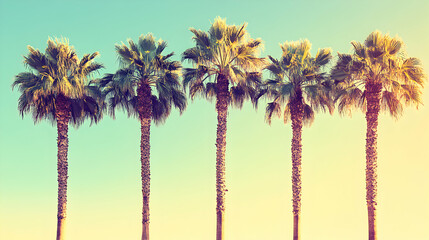 Obraz premium Five majestic palm trees stand tall against a serene, pastel sky, evoking a sense of tranquility and tropical escape. Ideal for travel, vacation, and summer themes.