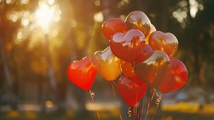 A group of heart-shaped balloons in shades of red and gold, drifting across a park during golden hour, with soft sunlight reflecting on their surface.