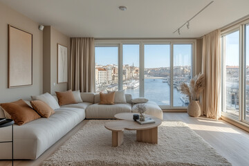 Fototapeta premium Photographie immobilière d'un salon cosy ambiance zen et cocooning avec parquet clair et lumière naturelle