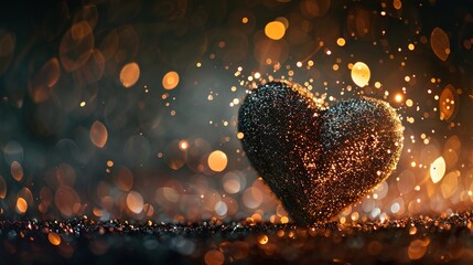 A heart covered in sparkling glitter, with tiny lights reflecting off its surface, creating a festive glow.