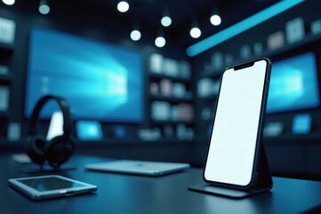 Sleek smartphone display in modern tech store with gadgets and accessories