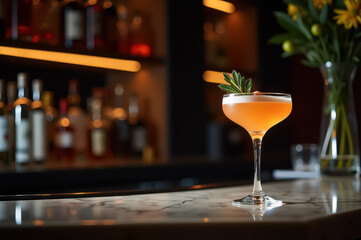 Elegant cocktail with rosemary garnish in chic bar setting