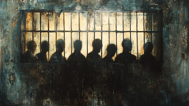 A long-forgotten prison cell, where the shadows of former prisoners remain, their faces twisted in eternal anguish.