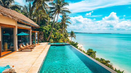 Fototapeta premium A luxurious beachfront villa with infinity pool, surrounded by palm trees and overlooking the ocean.