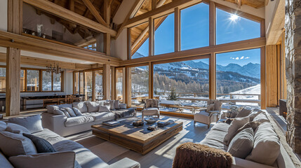 Fototapeta premium A luxurious mountain chalet with large wooden beams and panoramic windows overlooking a snowy landscape.