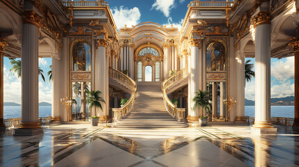 A magnificent palace overlooking the ocean, with marble columns, large archways, and a sweeping staircase leading to the grand entrance.