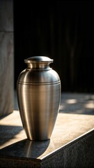 Cremation urn made of smooth metal on a dark background with copy space
