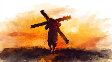 A solitary figure carries a heavy cross across a sunset landscape