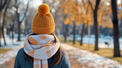A woman wearing a mustard yellow hat and matching scarf walks through a scenic autumn park filled with colorful trees and snow.