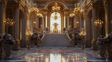 Fototapeta premium A majestic palace with marble floors, golden chandeliers, and a grand staircase, surrounded by gardens.