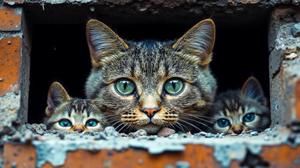 A cat and two kittens peeking out of a hole in a brick wall