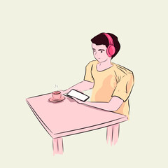 A young man is listening to music from his smartphone using a headset while enjoying a cup of hot coffee