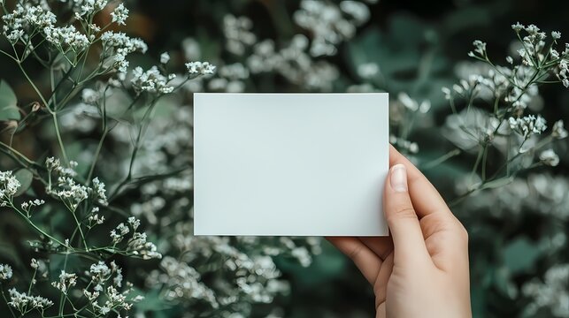 A hand gracefully holds a plain white card amidst delicate flowers, evoking creativity and inspiration in a serene natural setting. - Powered by Adobe