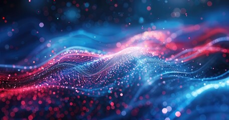 Abstract digital waves with glowing particles in blue and red hues.