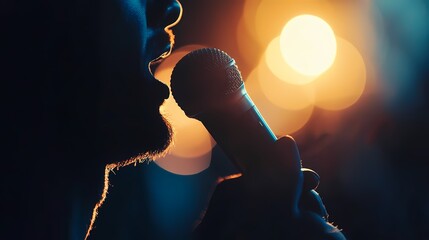 Passion and Rhythm: A Performer Beatboxing with Energy Under Dazzling Lights and Vibrant Background