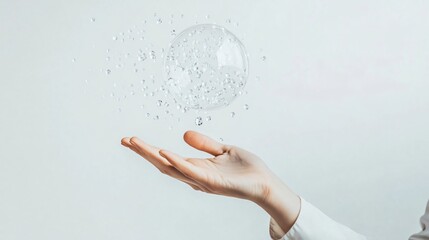 A hand gently holds a transparent sphere filled with sparkling crystals, evoking a sense of purity, fragility, and dreamlike wonder.