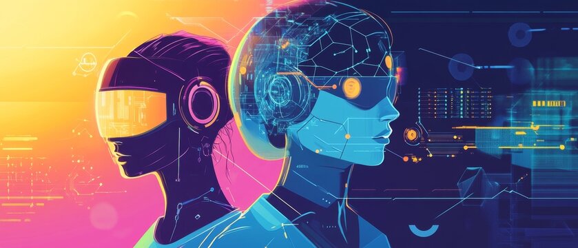 Conceptual AI-driven society in 2025 showcasing human-machine collaboration boundless potential for progress and harmonious coexistence vibrant technological landscape