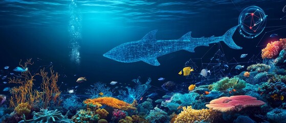 Fototapeta premium Oceanic preservation solutions in 2025 AI-driven marine monitoring sustainable fishing underwater exploration innovative technologies securing future marine ecosystems vivid aquatic visuals