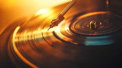 A retro turntable needle rests on a vinyl record, set against a warm, glowing background, creating a sense of nostalgia and vintage appeal. The soft lighting and reflection emphasize the beauty of