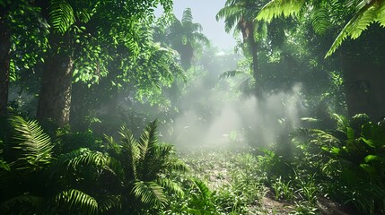 Fototapeta premium Explore the Enchanting Beauty of a Lush Rainforest Filled with Mystical Mist and Vivid Greenery, Perfect for Adventure Lovers and Nature Enthusiasts.