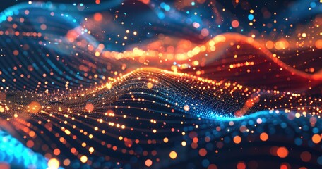 Abstract digital waves with glowing particles in blue and orange hues.