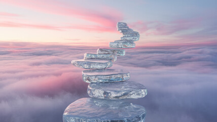 Obraz premium Surreal landscape featuring a staircase made of stone, rising above a sea of clouds at sunset, creating a dreamlike and peaceful atmosphere.
