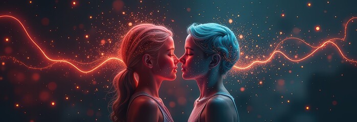 Naklejka premium Futuristic connection between two individuals with vibrant neon energy and particles