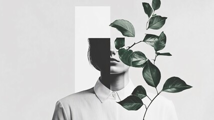 Black and White Portrait of Woman with Green Leaves