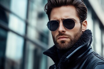 Fototapeta premium Stylish Man in Sunglasses and Leather Jacket