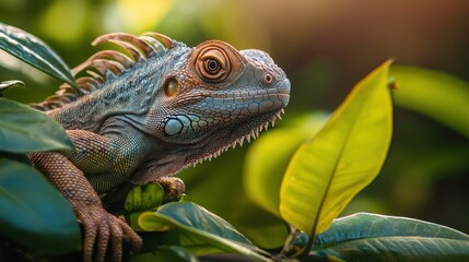 Fototapeta premium Green iguana perched on vibrant foliage.